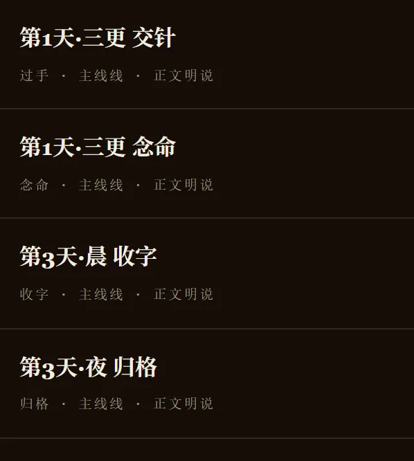 时间线面板：四个锚点，第1天三更、第3天晨、第3天夜